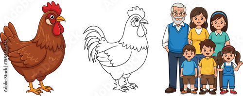 Chicken Cartoon and Outline Vector Illustration with Happy Family Characters for Farm, Education, Kids Learning, and Coloring Designs