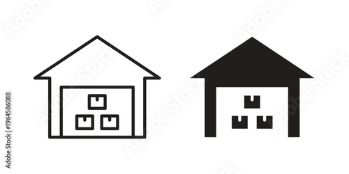 Warehouse icons line and solid version, outline and filled vector design set