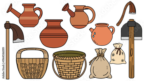 Set of Traditional Farming Tools and Pottery Vector, Terracotta Pots, Woven Baskets, Sacks and Garden Hoes Illustration