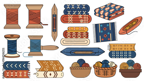 Textile Dyeing and Weaving Tools Vector Set, Traditional Yarn Spools, Patterned Rugs and Fabric Craft Elements Illustration