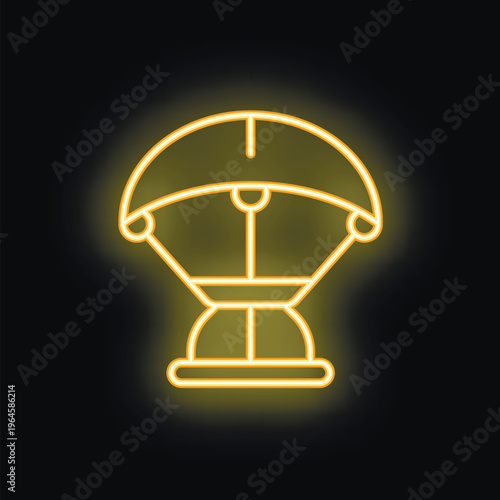 Yellow neon sign representing a parachute landing, on a black background, ideal for illustrating extreme sports concepts