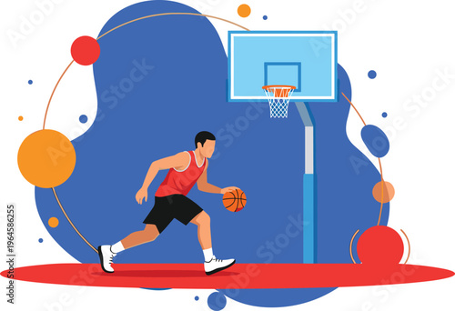 Flat vector illustration of a male basketball player dribbling a ball on a court with colorful abstract geometric background