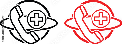 A dual representation of a medical emergency call icon featuring a telephone handset and a cross Vector