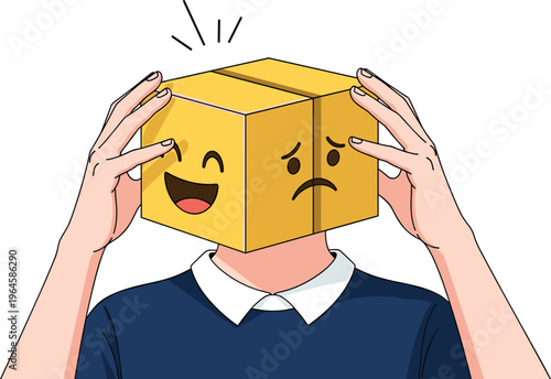 Conceptual vector illustration of a person hiding true emotions behind a cardboard box head with happy and sad faces