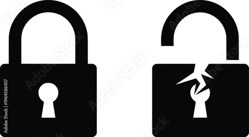 A comparison of a solid locked padlock icon and a broken padlock icon depicting security failure Vector