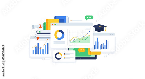 Online Education Data Analytics Dashboard Concept. E-Learning Statistics, Academic Research, and Progress Tracking Visualization