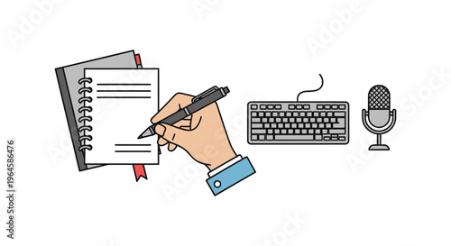 Content Creation Workflow Illustration: Hand Writing on Notebook, Typing on Keyboard, and Microphone for Digital Communication