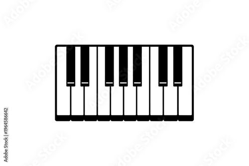 Simple, clean black and white vector icon of piano keys, showing both white and black notes, representing a musical keyboard instrument. Ideal for music-related graphics, educational materials, and de