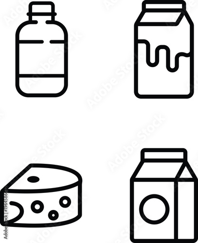 Collection of outline icons representing dairy products including a bottle milk carton cheese wedge and juice box isolated on transparent background