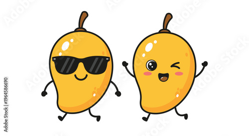 Cute mango cartoon characters vector set with cool sunglasses and happy expressions for summer fruit design