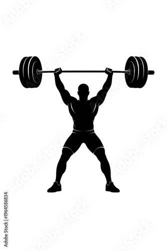 Dynamic silhouette of a male weightlifter performing a powerful overhead barbell press, showcasing peak strength, intense focus, and athletic prowess. Ideal for fitness, gym, and strength training con