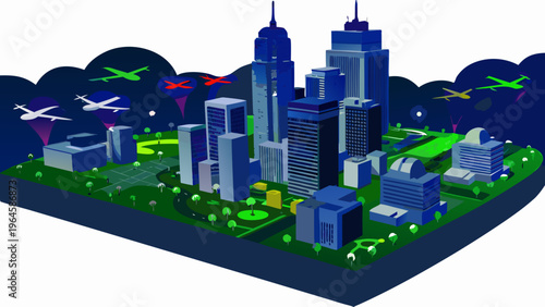 Stylized cityscape with airplanes parks and a low poly aesthetic