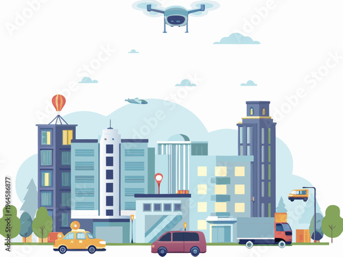 A colorful cityscape illustration featuring a drone and various vehicles