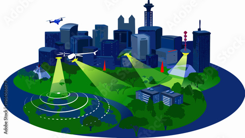 Futuristic cityscape with drones communication towers and glowing beams of light
