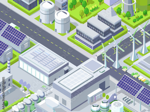 Isometric view of a sustainable modern city with renewable energy sources