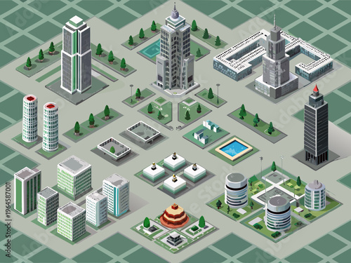 Isometric cityscape featuring modern buildings parks and urban elements