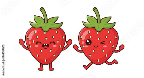Cute pair of kawaii strawberry cartoon mascots smiling and running happy vector illustration