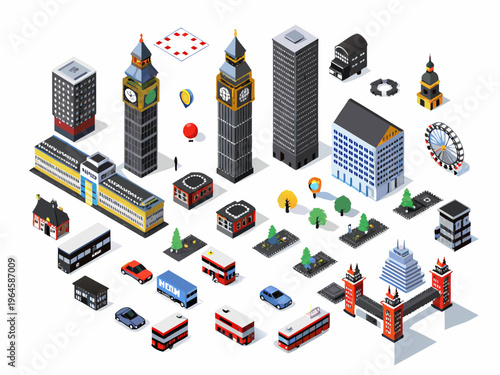 Isometric illustration of iconic london landmarks and city elements