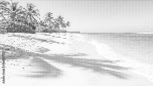 Abstract landscape with halftone dots, trees, and water reflection.