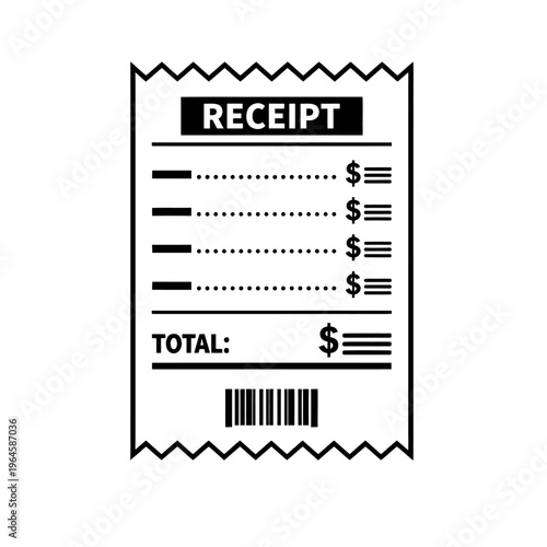 Monochrome vector icon of a paper receipt, featuring 'RECEIPT' header, itemized lines with dollar amounts, 'TOTAL' sum, and barcode. Ideal for symbolizing business transactions, billing, payments, pur