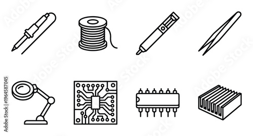 Soldering tools and electronic components line icons for hardware engineering and microchip assembly
