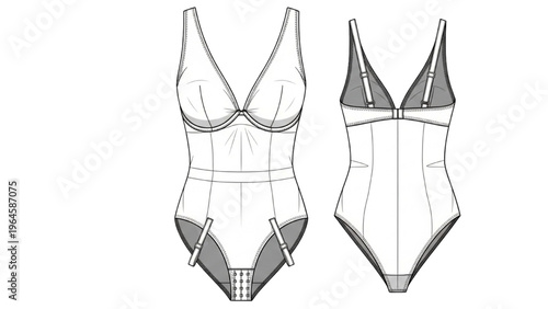 Vector CAD design style illustration of a bodysuit in two views