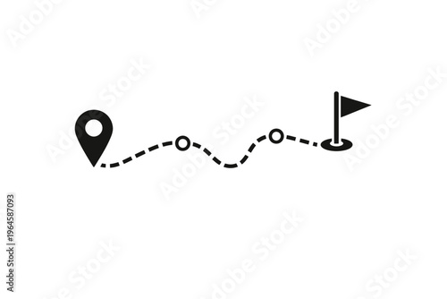 A minimalist vector icon depicting a journey from a starting map pin, along a dashed path with intermediate points, to a final flag destination. Ideal for navigation, route planning, progress tracking