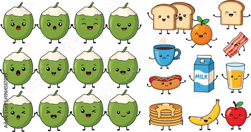 Cute Coconut and Breakfast Food Cartoon Character Set Vector Illustration with Toast, Pancakes, Milk, Banana, Apple, and Hot Dog