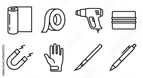 Vehicle vinyl wrap and car detailing tool icons set including heat gun squeegee and craft blade kit