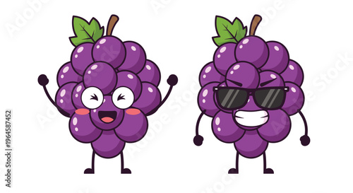 Cute purple cartoon grapes mascot character set with different happy expressions and poses for kids product branding