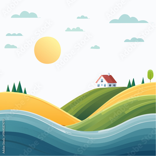 a house on a green hill with a body of water.