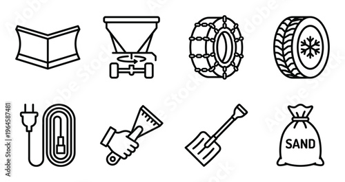 Winter driving safety and snow removal equipment icon set with snow plow tire chains and sand bags