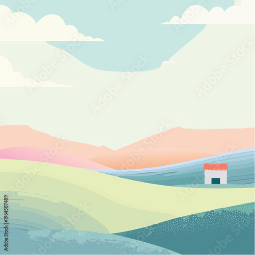 a small house on a green hill.