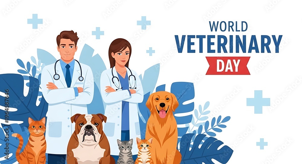 Fototapeta premium Diverse cats and dogs posed with male and female veterinarians in white coats for animal health awareness celebration.