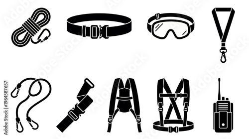 Set of industrial safety equipment icons including harness, tactical belt, rope with carabiner, goggles and walkie-talkie on white background, concept for fall protection, gear and security