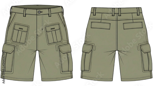 Vector illustration of cargo shorts in CAD design style, front and back view