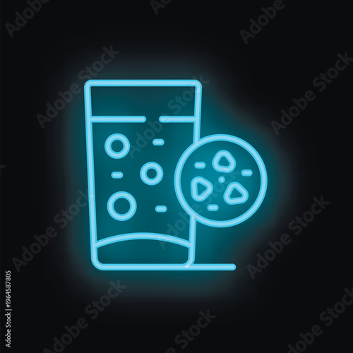 Blue neon icon of a glass with effervescent tablets dissolving in dark background