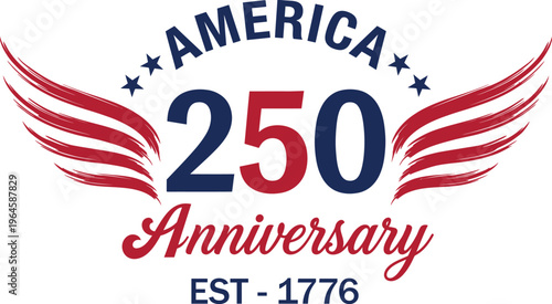 America 250 anniversary logo with red and blue wings on white background