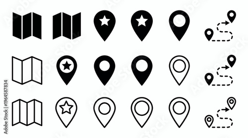 Collection of minimalist map and location pin icons in solid and outline style on white background, concept for navigation app interface, travel website and digital map software