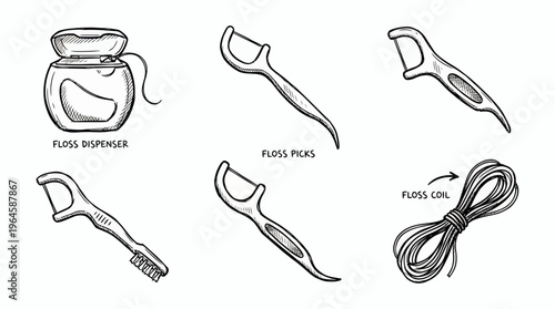 Various hand drawn sketches of dental floss dispenser, floss picks and floss coil isolated on white background, concept for oral hygiene education, dental care infographic and health product marketing