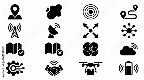 Black technology and logistics icons set featuring location maps drones and network symbols on white background, concept for digital transformation supply chain management and industrial connectivity