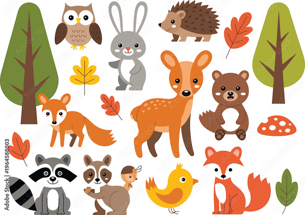 Obraz premium Autumn forest animals, woodland creatures, wildlife icons, vector set