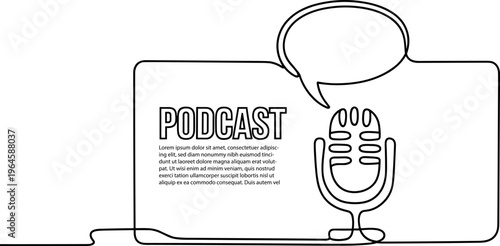 Podcast microphone with speech bubble and text on screen
