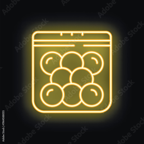 Neon icon of cotton swabs in a plastic bag glowing yellow on a black background