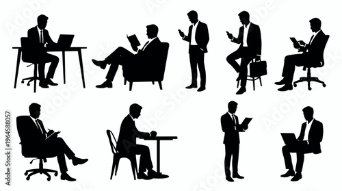Collection of professional businessman silhouettes and male executive managers in various office work poses, concept for corporate presentation, business recruitment and professional management