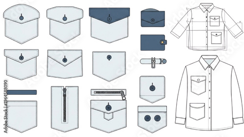 Vector CAD design style illustration of various shirt pocket types and garment pieces