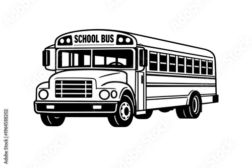 Iconic American School Bus Vector Illustration in Monochrome Line Art, Perfect for Educational Designs, Student Transportation Graphics, Back to School Themes, Public Transit Imagery, and Child Commut
