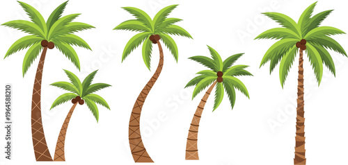 A vibrant collection of cartoon-style palm trees with green fronds and brown coconuts, standing tall and curved, depicting a tropical island paradise scene.