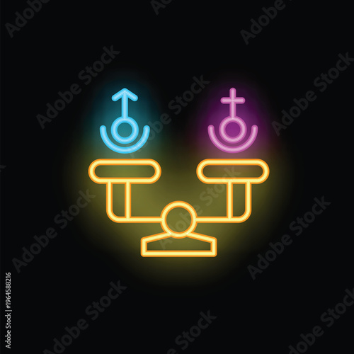 Neon sign representing the concept of gender equality with the male and female symbols balancing on a scale