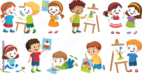Drawing children vector illustration with kids playing drawing and creating artwork together cartoon style group of young artists